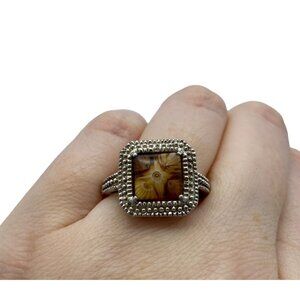 Alan K Sterling Silver Tan Milifori Glass Ring Size 9 Unique Designer Signed
